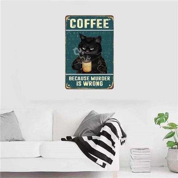 Retro Cat Coffee Metal Sign Vintage Kitchen Signs Wall Decor Because Murder - Picture 7 of 7